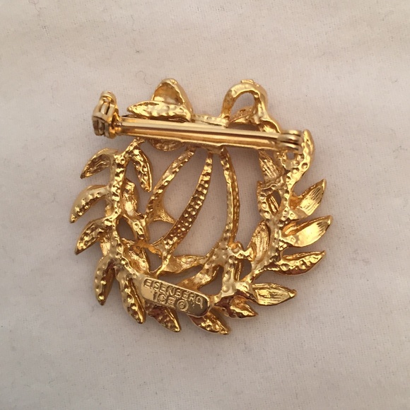 Vintage EISENBERG ICE Christmas WREATH BROOCH Pin Gold Tone & Rhinestones - Picture 2 of 3